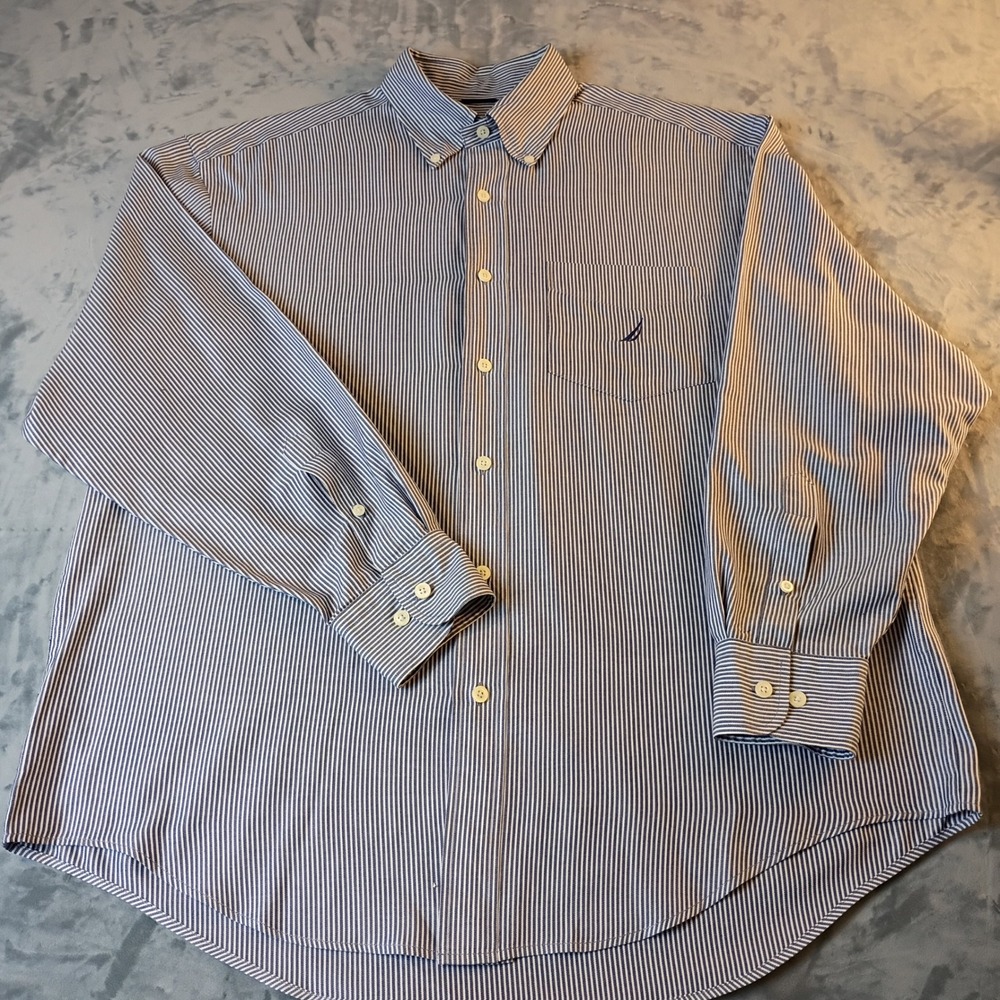 Nautica Mens Large Blue White Striped Button Down Shirt Long Sleeve Cotton Blend